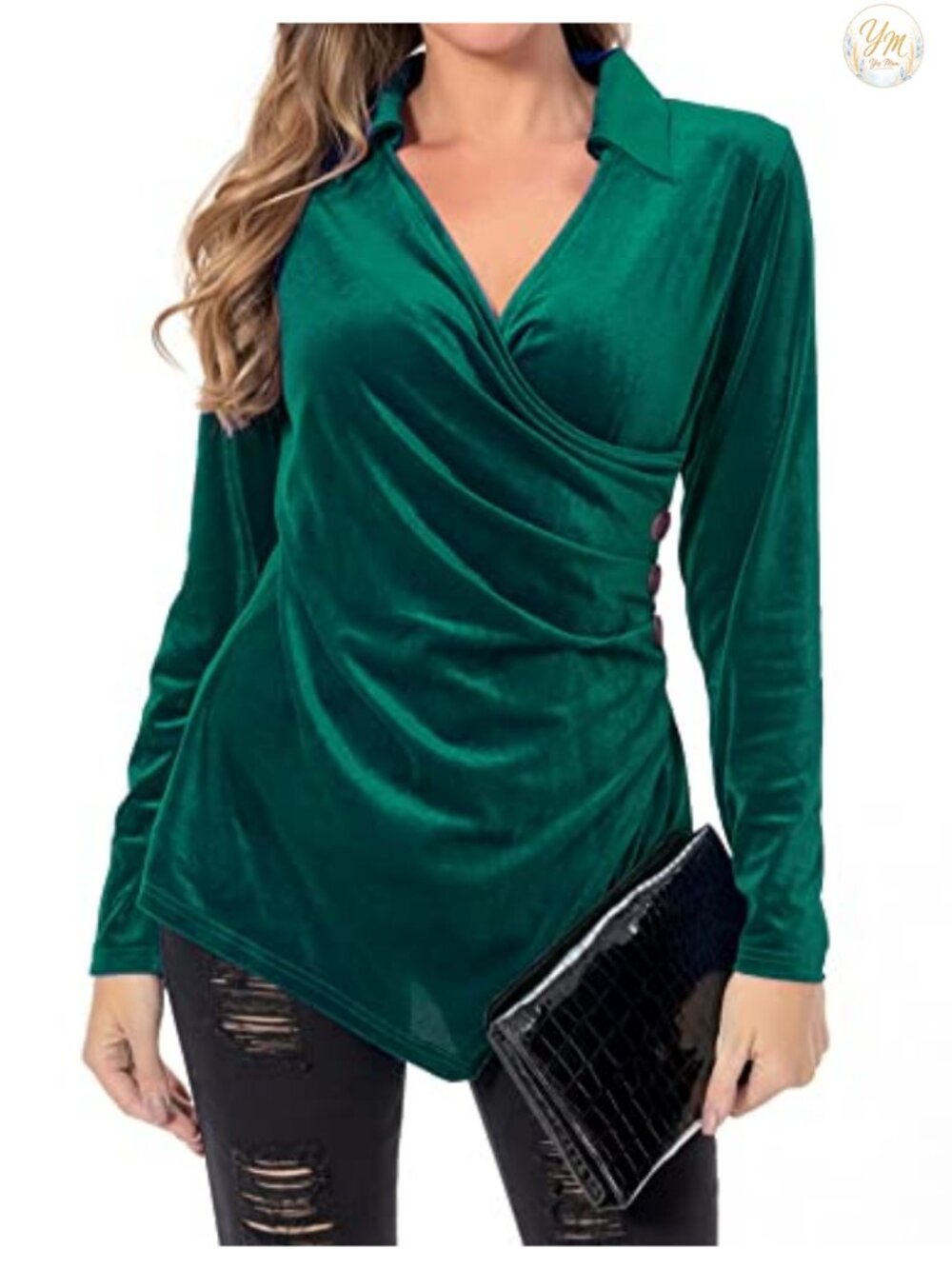 Womens Velvet Long Sleeve V Neck Ruched Wrap Blouse Dressy Casual Top
